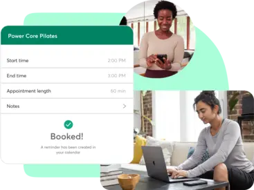 A collage showing booking software for Pilates businesses
