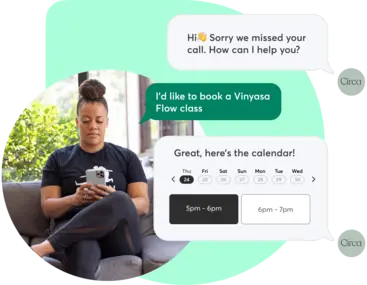 A collage showing Mindbody Messenger[ai] for yoga businesses