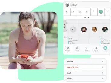 A collage showing the Mindbody business app for yoga businesses