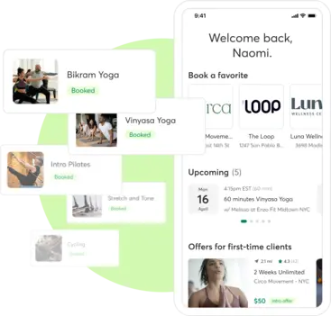 A collage showing the Mindbody Marketplace for yoga businesses