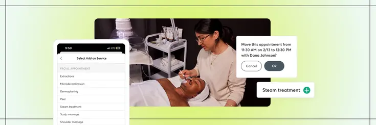 Woman standing above a man giving him a facial with the UI of booking add-ons is shown