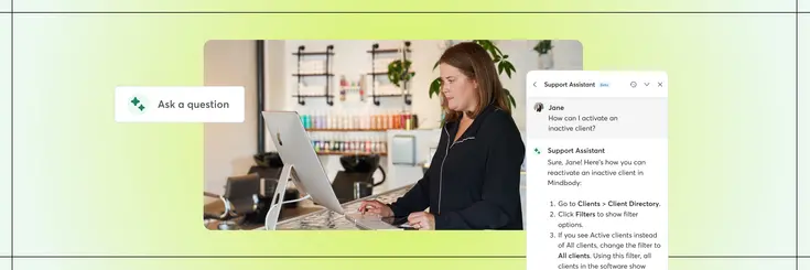 Woman standing at desk with computer monitor in front of her and the UI of an in-product AI assistant is overlayed