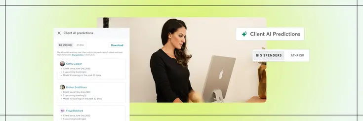 Woman standing in front of desk and the product UI of predictive AI is overlayed