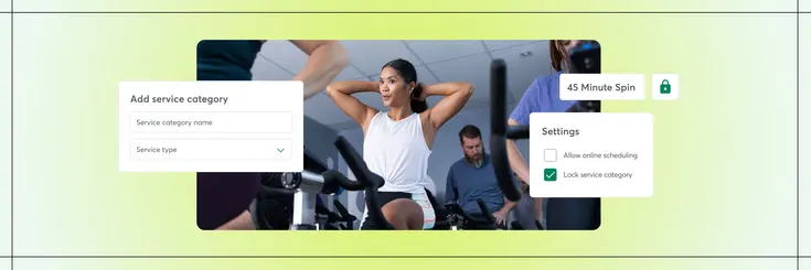 Woman working out on treadmill in a busy class with UI of booking service category selector overlayed