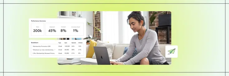 Woman on couch while on laptop with UI of marketing suite mass message send overlayed