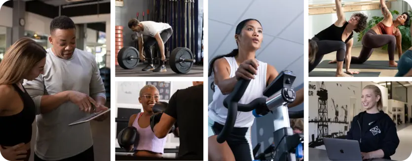 A collage of people engaging in fitness business activities, such as weight lifting, yoga, and training