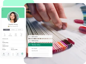 A collage showing Mindbody client tools for nail salon businesses